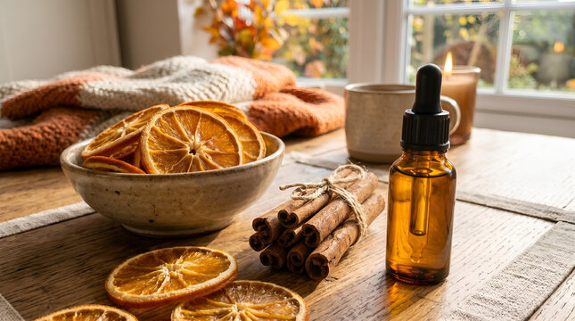 Amber essential oil bottle with dried orange slices on rustic wooden table