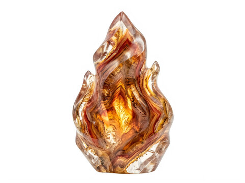 Polished agate stone resembling a flame with warm orange and brown crystalline layers for abstract decorative purposes.