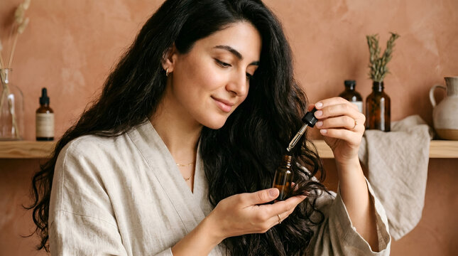 Beautiful woman applying natural cosmetic facial serum from glass dropper
