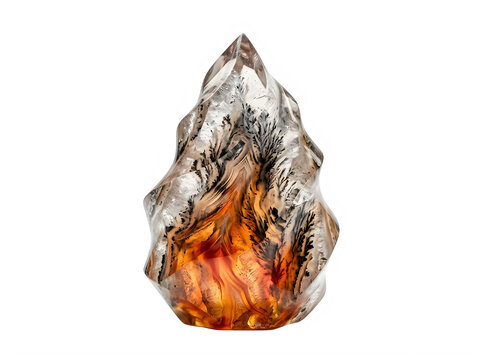 Polished agate stone resembling a flame with warm orange and white crystalline layers for abstract decorative purposes.