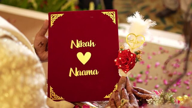 Traditional Nikah Naama marriage contract held by a couple at an Indian wedding ceremony
