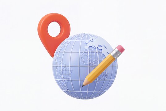 3D globe icon with location pin and pencil for travel planning and global education