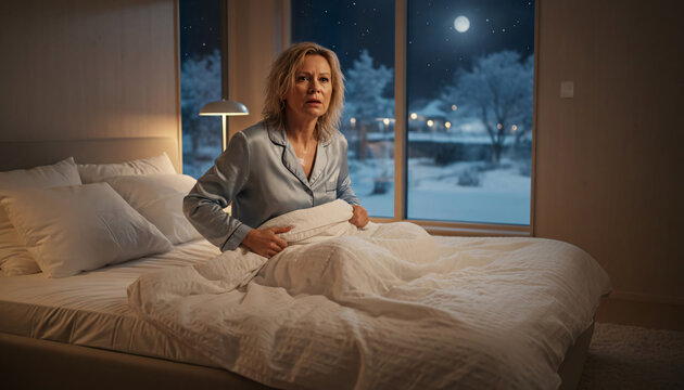 Mature woman suffering from insomnia and hot flashes during menopause, waking up in bed at night feeling uncomfortable and sweaty