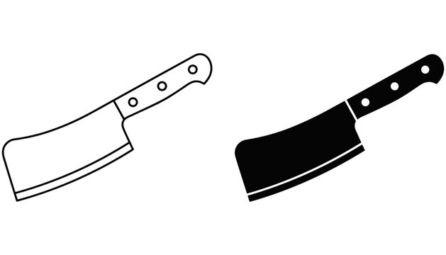 Meat Cleaver Knife Vector Icon Set Featuring Classic Butcher Chopper Line Art Outline And Solid Black Silhouette Graphic Assets