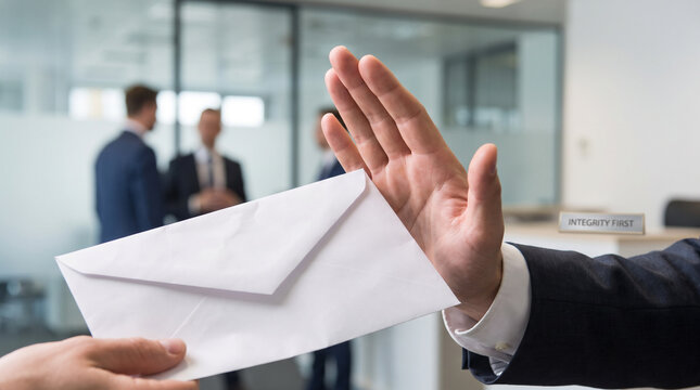 Business professional hand refuse white envelope to stop bribery in office compliance concept
