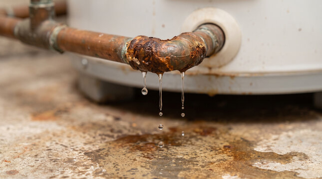 Close up of rusted water heater pipe leaking water onto concrete floor showing plumbing corrosion damage