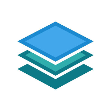 Isometric blue layered squares graphic icon.