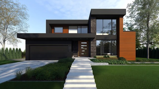 Contemporary city house a modern front elevation CAD dimensions and a compact lawn with a stylish entrance and garage