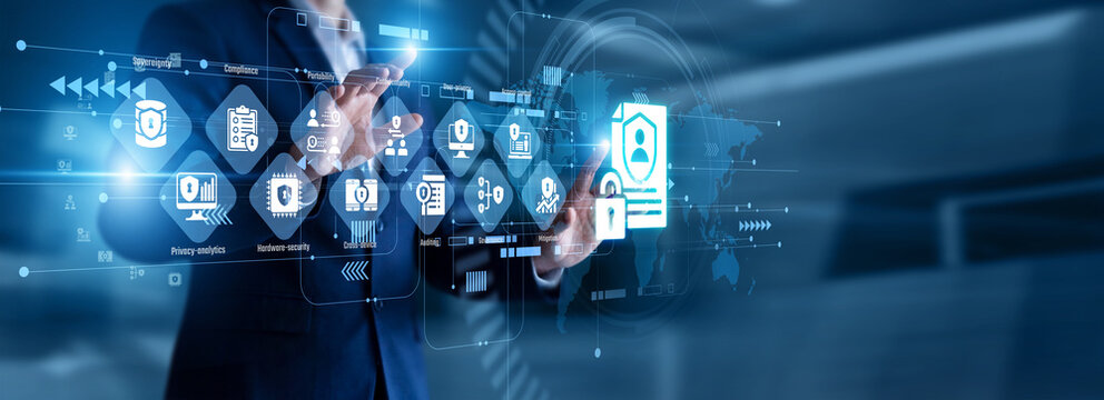 Compliance officer touch virtual screen reviewing global regulation updates and secure encryption standards. Ensuring ethical user rights management through strict Data Privacy policies.