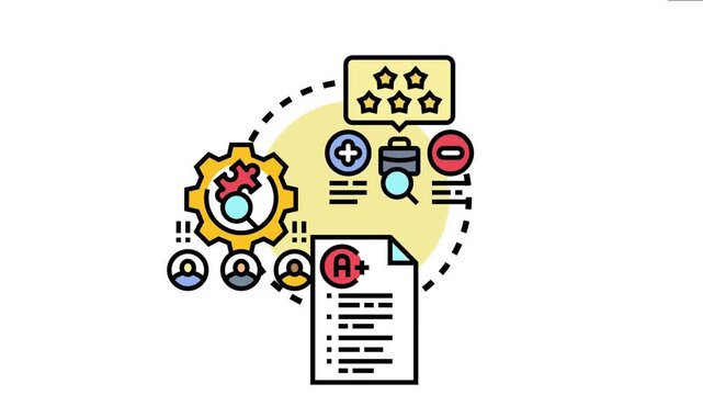 Business concept evaluating performance results, analysis, and ranking user feedback using a cogwheel, document, plus and minus signs, and star ratings on a white background