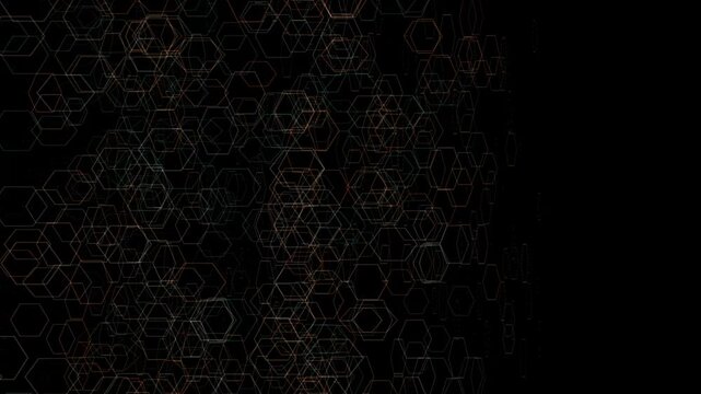 Orange And Teal Wireframe Hexagons Fading Into Dark Black Space
A network of outlined, overlapping orange and teal hexagons forms a digital grid that fades away into solid black on the right side