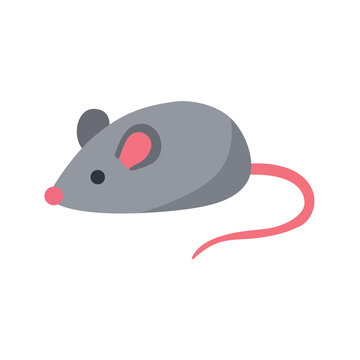 Illustration of a cute grey mouse with a long pink tail, created in a simple flat vector style. Suitable for concepts related to animals, rodents, pest control, laboratories, pets, and wildlife. Anima