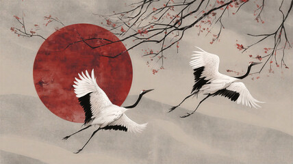 Obraz premium Cranes flying near red sun with cherry blossom branches in traditional style