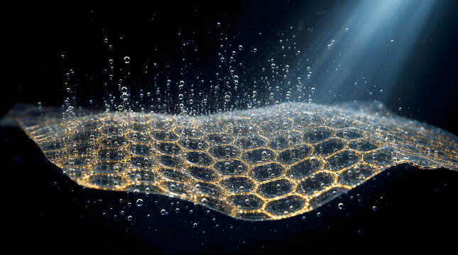 Ultra-macro of a flexible translucent hydrogen exchange membrane with a glowing gold honeycomb micro-grid, generating bubbles in dark water. Conceptual B2B image for clean green energy and nanomateria