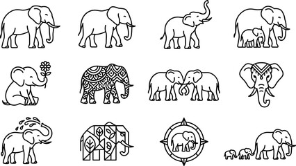 Collection of Elephant Icons with Transparent Background Line Art and Simple Illustrations © zelda