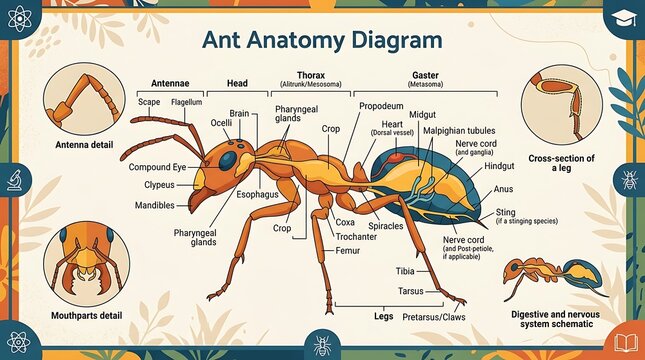 Detailed ant anatomy diagram with labeled internal and external parts