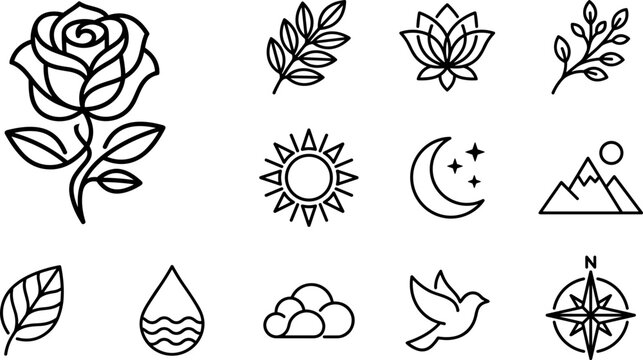 Set of line art icons rose leaf sun moon mountains lotus cloud bird compass water drop