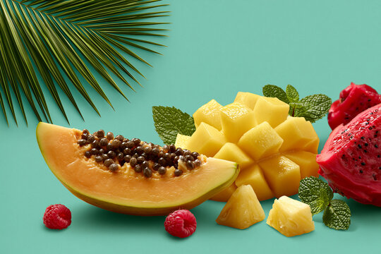 Colorful fruit display on a bright background