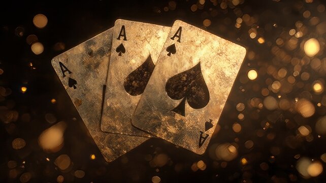 Golden Ace of Spades playing cards floating mid-air against a dark background with glittering bokeh lights and falling gold coins
