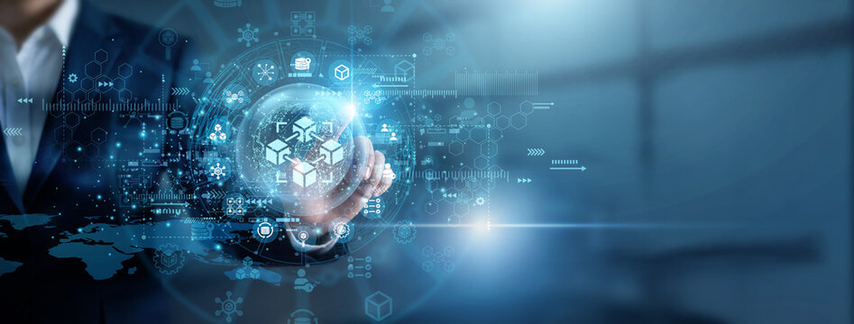 Developer touching virtual node tracking global Blockchain networks. Specialist monitoring decentralized cryptocurrency ledgers and secure smart contract transactional verification systems.