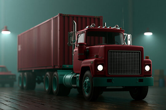 Vintage truck with container in warehouse setting