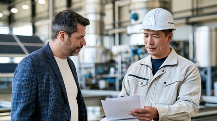 Fototapeta premium Two professionals review paperwork on a factory floor; one in a hard hat discusses production details inside a modern industrial facility.