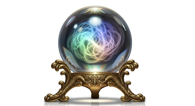 A magical crystal ball with glowing nebula energy sitting on ornate stand