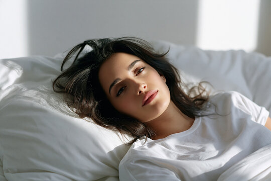 Woman lying on bed with sunlight in the room