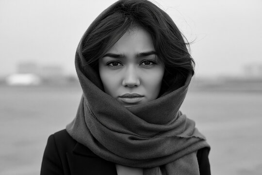Woman in a scarf stands outdoors on a gray day