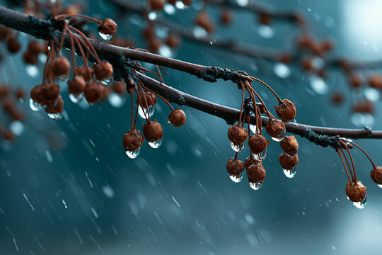 Raindrops on branches in a winter setting