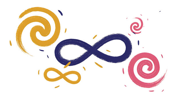 Abstract infinity and swirl symbols vector illustration. Geometric doodle icons in blue, yellow and pink. Modern logo design elements isolated on white.