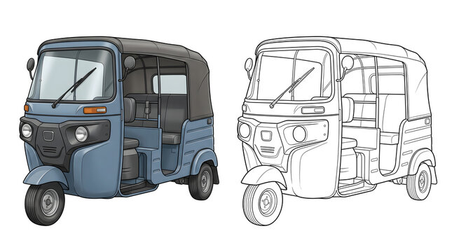 Tuk-tuk Auto Rickshaw Illustration: A detailed illustration showcasing a blue and grey tuk-tuk auto rickshaw parked next to its line art counterpart, offering a study in design and detail.