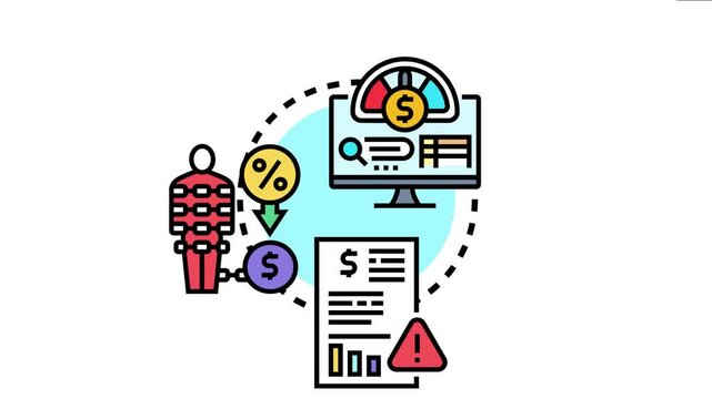 Business process depicting asset factoring with guarantee, showing a linked debtor, an outstanding invoice, and online financial management with risk assessment