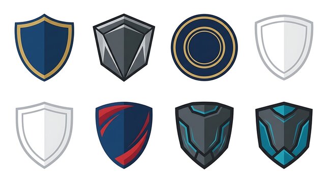 Set of diverse shield icons representing protection security and defense in various geometric vector styles and modern armor designs for graphic web applications