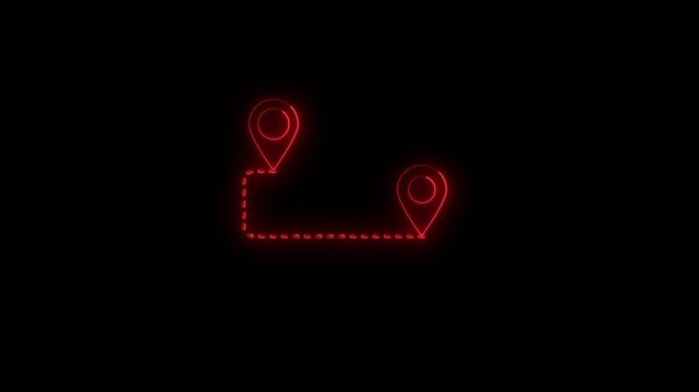 Glowing red neon map markers with path line animation for navigation and travel concepts location
