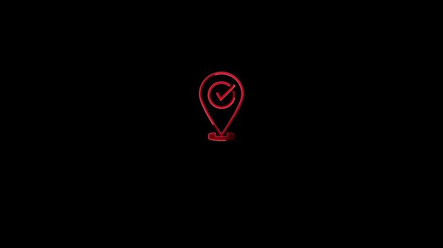 Red neon map pin with checkmark symbol rotating on black background, location marker neon, sign glowing navigation