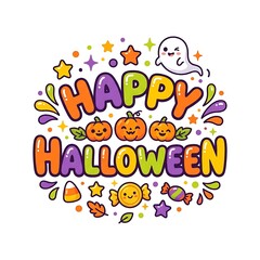 Naklejka premium Happy halloween lettering design with cute ghost pumpkins candy stars with bubble lettering accompanied