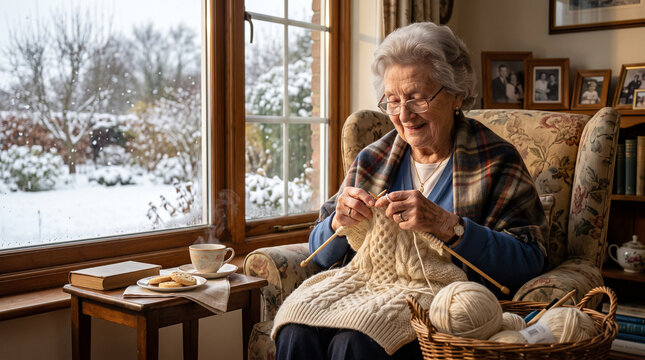 Smiling elderly woman knitting sweater in armchair by window with snowy garden view