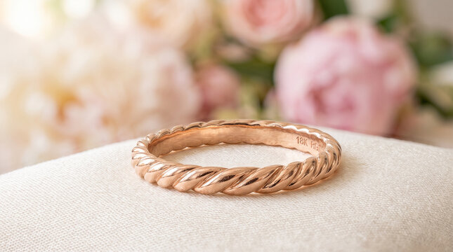 Rose gold twisted rope ring on soft cushion with blurred pink roses