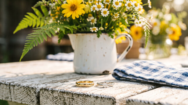 Wedding rings on rustic white wooden table with wildflower bouquet in enamel pitcher