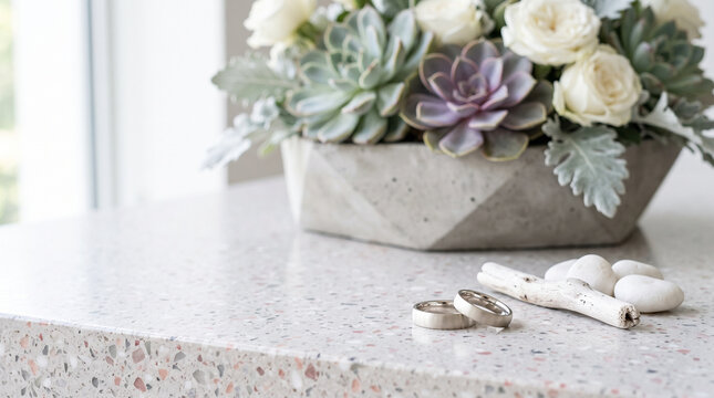 Two wedding rings on terrazzo counter near concrete planter with succulents and white roses