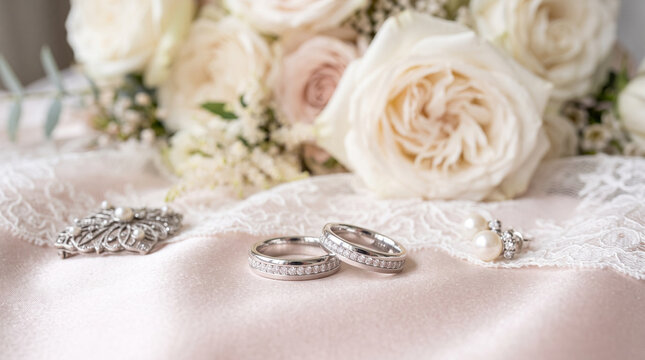 Diamond wedding rings on pink satin with lace, pearls and white rose bouquet