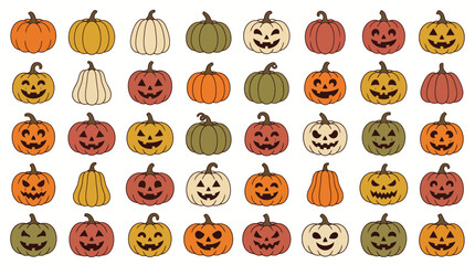 Fototapeta premium Halloween Pumpkins Set, Smiling Jacks Pattern, Orange Yellow Green White Gourd Collection, Autumn Harvest Vector Illustration isolated on White Background