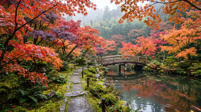 Wooden bridge over pond in vibrant japanese autumn garden with stone path