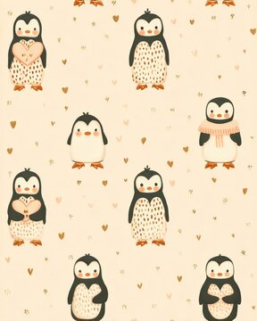 baby penguin with heart Cute Penguin Pattern with Hearts and Gold Accents on Soft Cream Background a baby penguin giving a heart ิblur background, blur tiles wallpaper