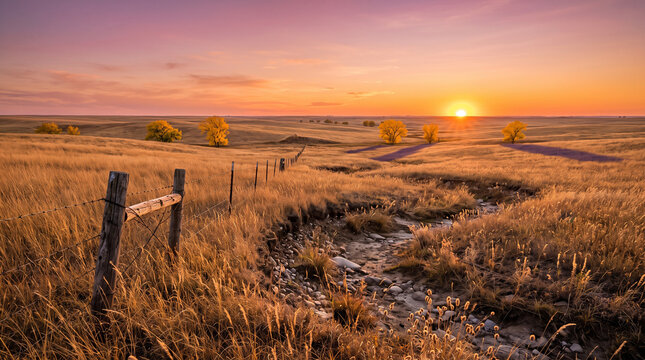 Golden autumn prairie landscape with wooden fence and dry creek at sunset