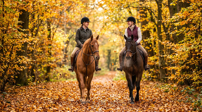 Two women horseback riding through golden autumn forest path covered with fallen leaves