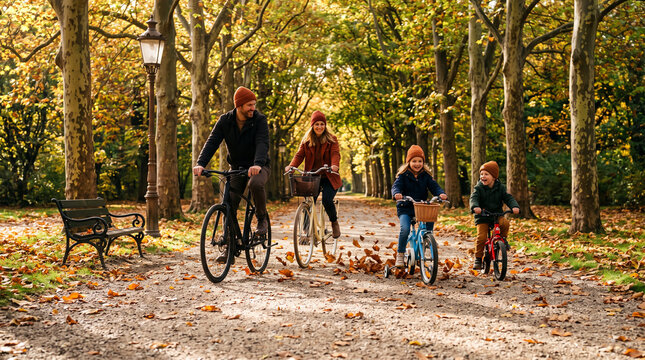 Happy family riding bicycles on autumn park path covered with golden fallen leaves