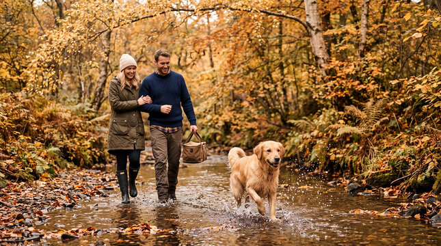 Happy couple walking with golden retriever through autumn forest stream