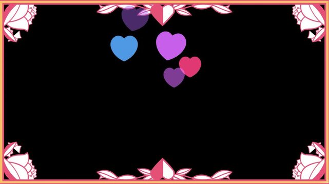 Romantic floral border with floating colorful hearts with video decorative floral frame animated hearts floating upward against black background